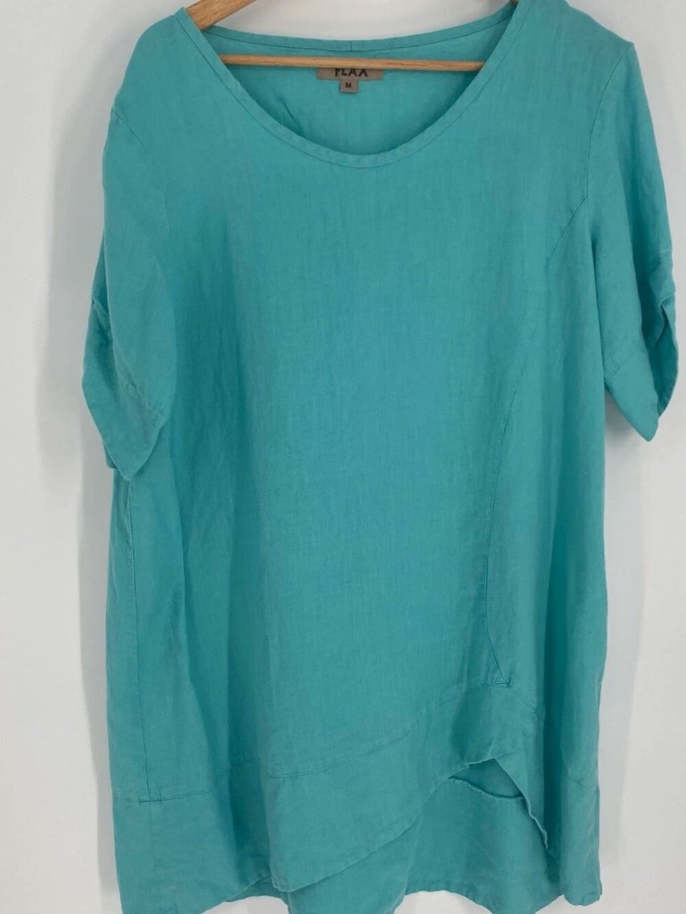 Flax Tunic Women’s Medium Linen Light Aqua Lagenlook Asymmetrical Artsy Coastal
